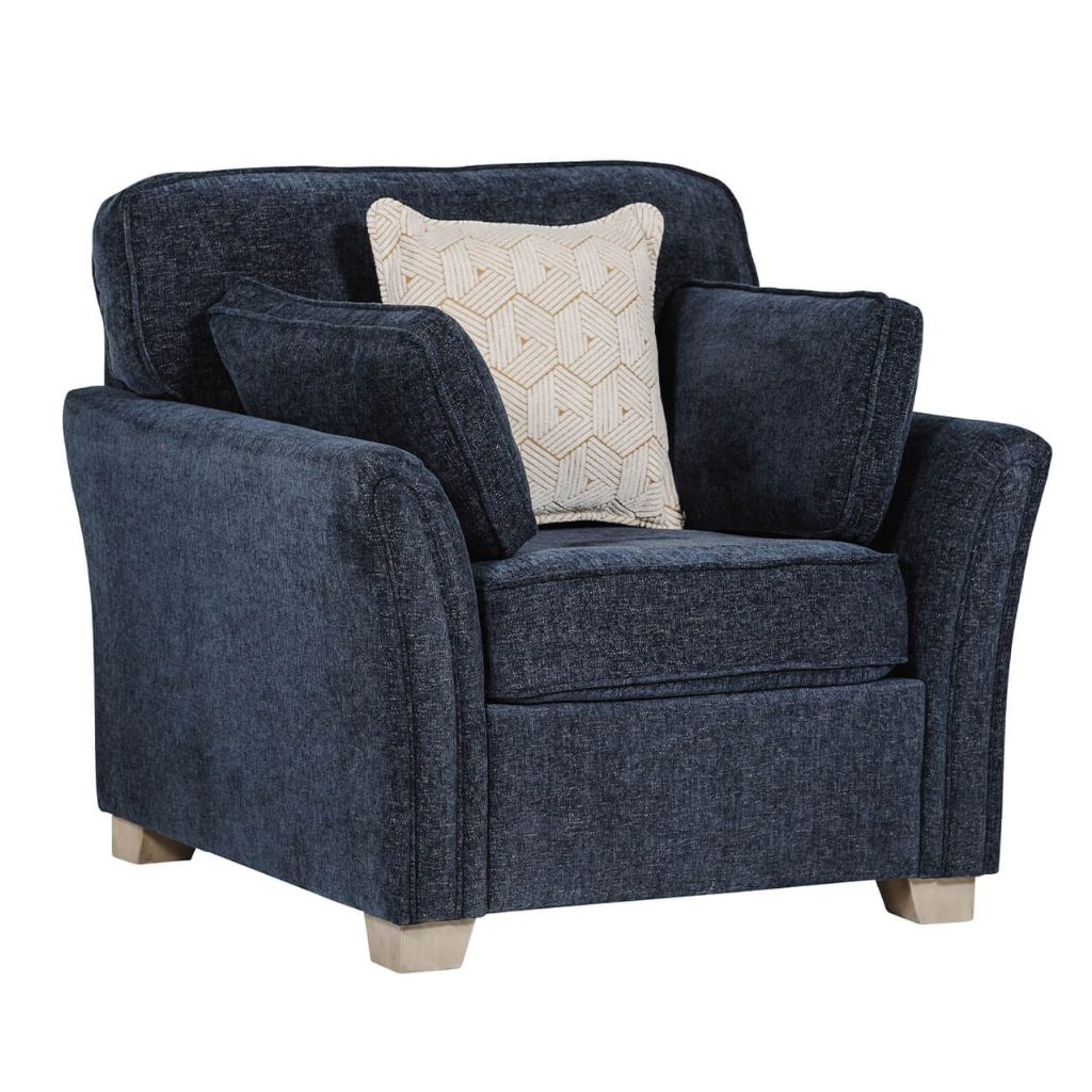 Blue armchair with a beige pillow on a white background