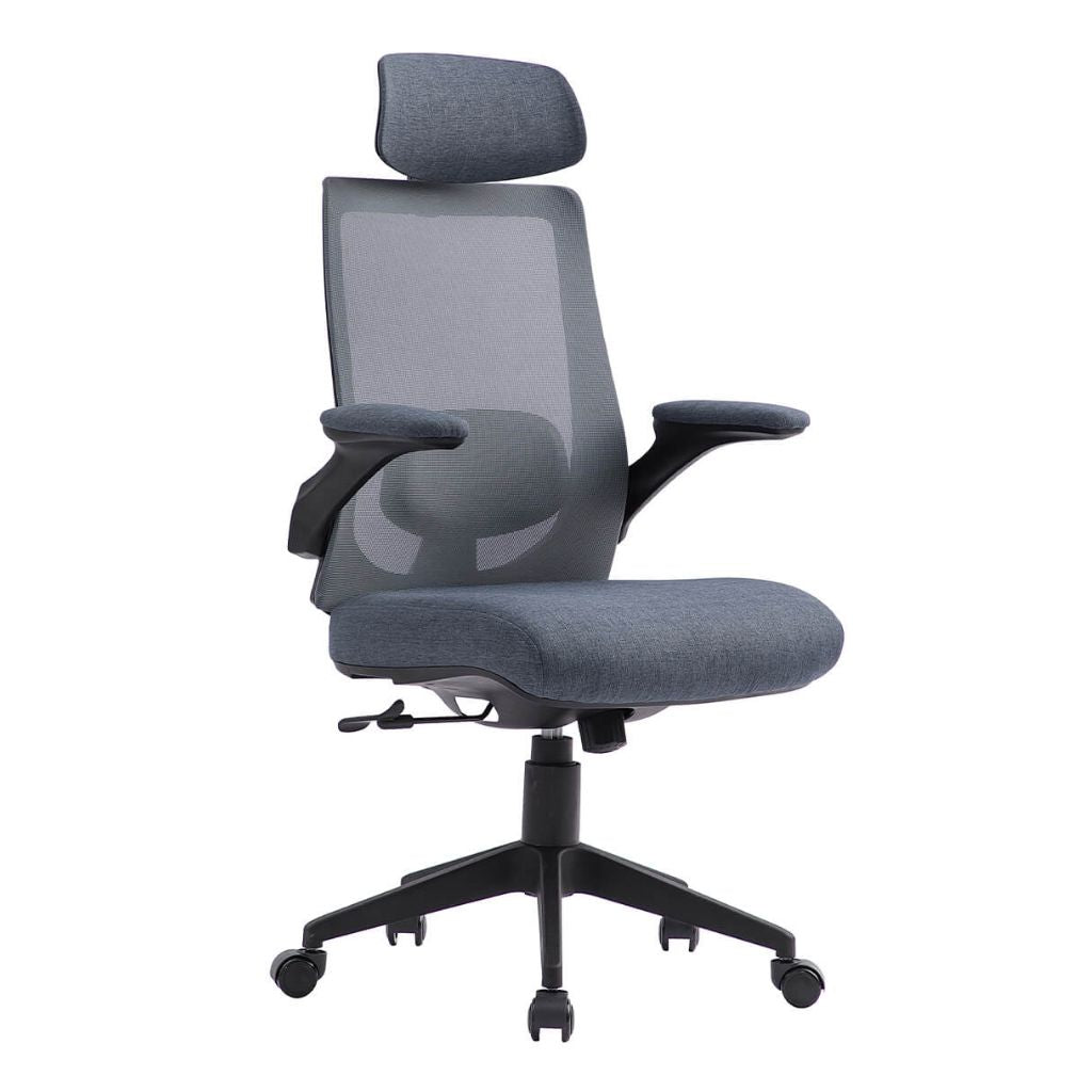 Gray office chair with mesh back and adjustable armrests on a white background