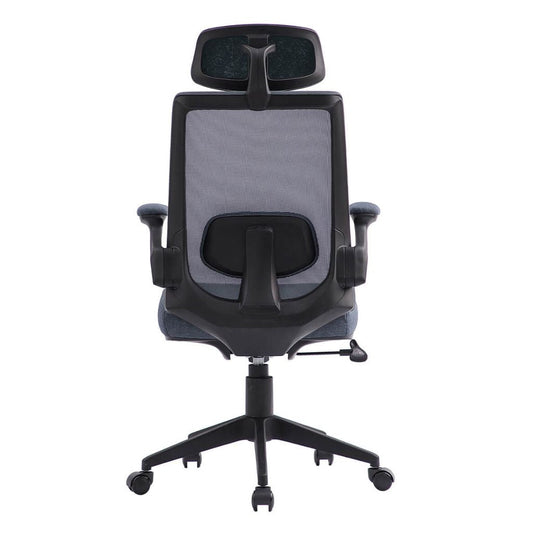 Ergonomic office chair with mesh backrest and black frame on a white background