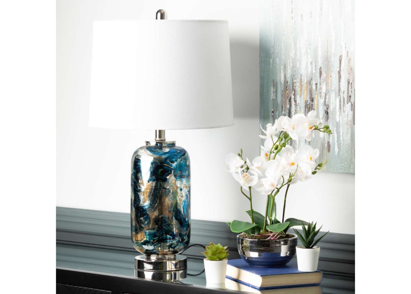 61.2cm Blue and Silver Table Lamp with White Shade by CIMC Room Image