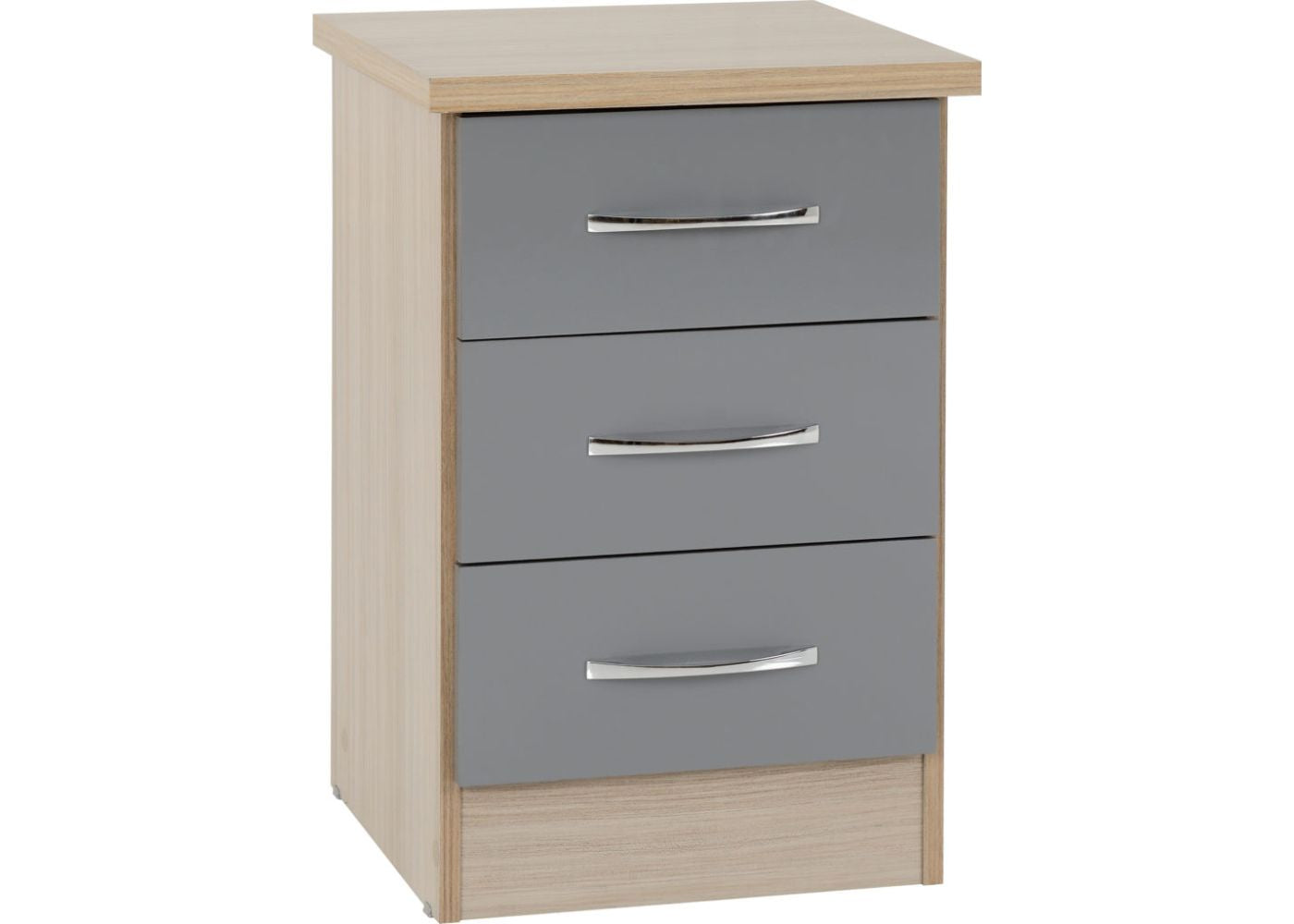 Nevada Grey Gloss and Light Oak Effect 3-Drawer Bedside by Wholesale Beds & Furniture