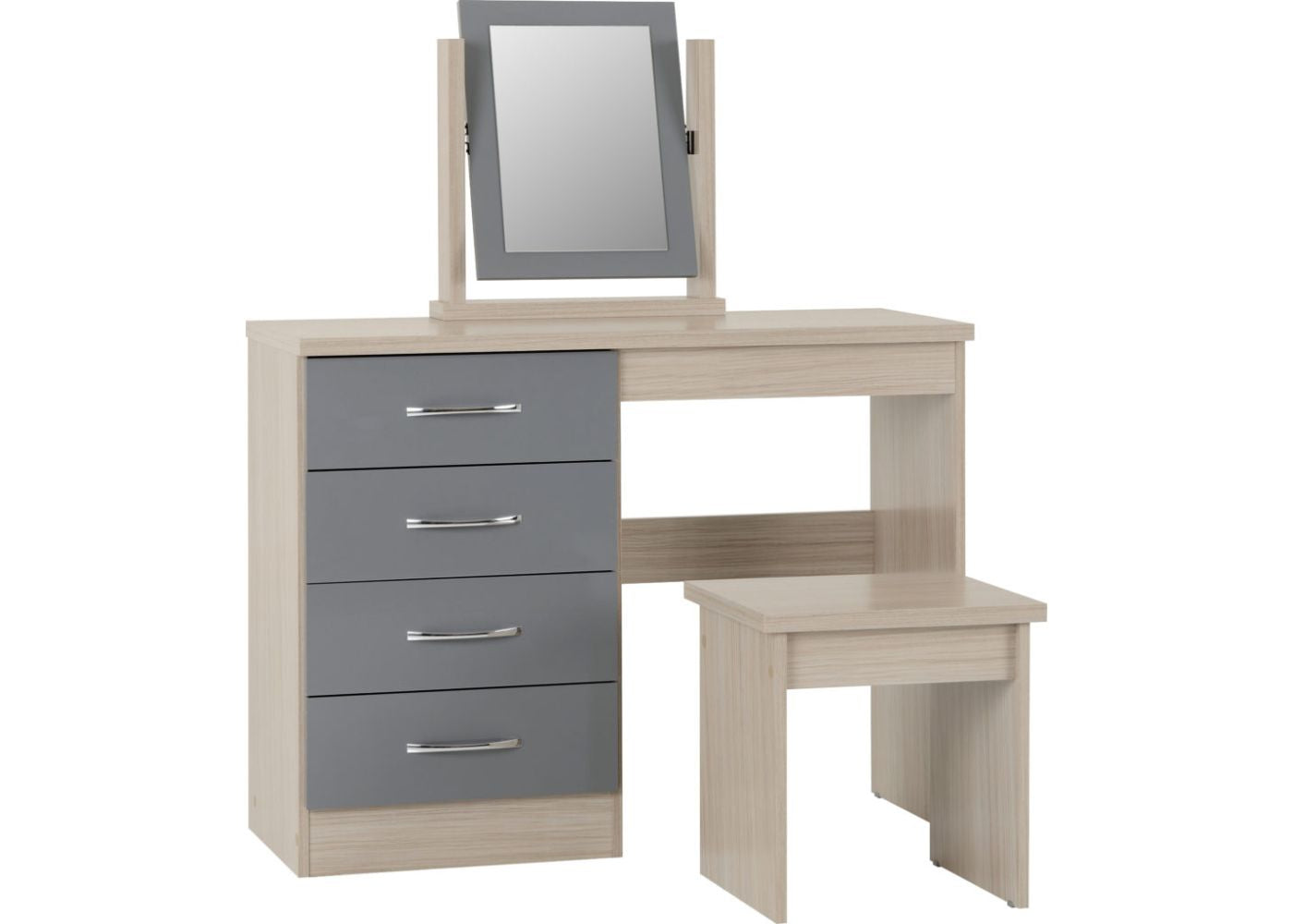 
Nevada Grey Gloss and Light Oak Effect 4-Drawer Dressing Table Set by Wholesale Beds & Furniture
