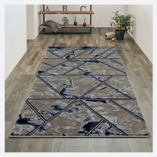 Marble Effect Geometric Rug in Grey/ Navy by Art Elite (67 x 230cm)