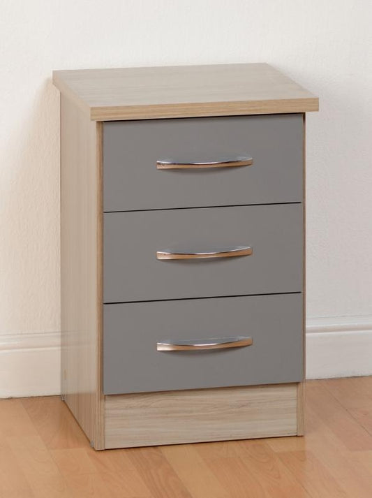 Nevada Grey Gloss and Light Oak Effect 3-Drawer Bedside by Wholesale Beds & Furniture