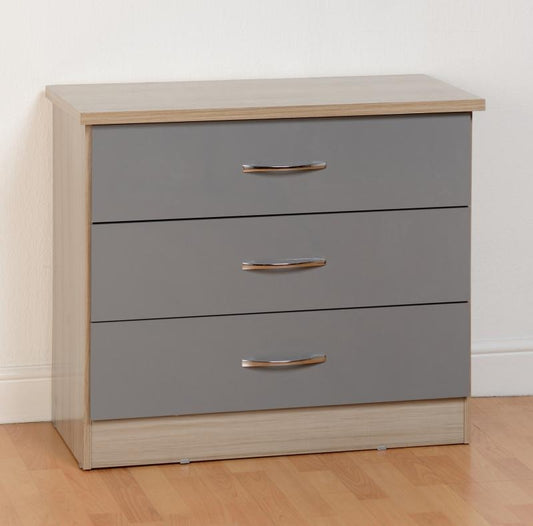 Nevada Grey Gloss and Light Oak Effect 3-Drawer Chest by Wholesale Beds & Furniture