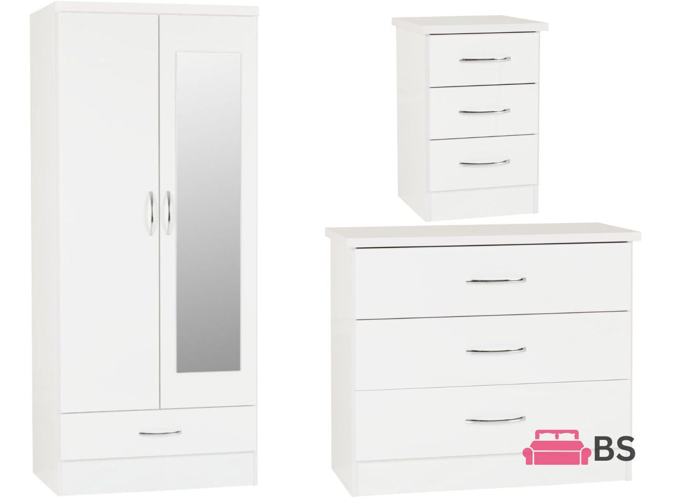 Nevada White Gloss 3 Piece Bedroom Furniture Set inc. 3-Drawer Chest by Wholesale Beds & Furniture