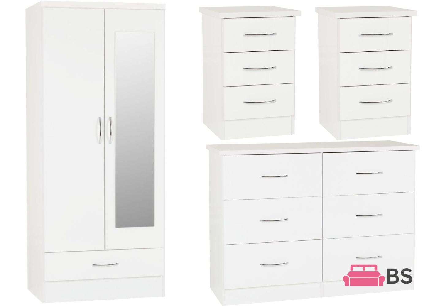Nevada White Gloss 4 Piece Bedroom Furniture Set inc. 6-Drawer Chest by Wholesale Beds & Furniture