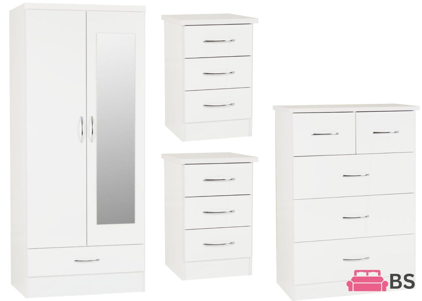 
Nevada White Gloss 4 Piece Bedroom Furniture Set inc. Mirrored Robe by Wholesale Beds & Furniture
