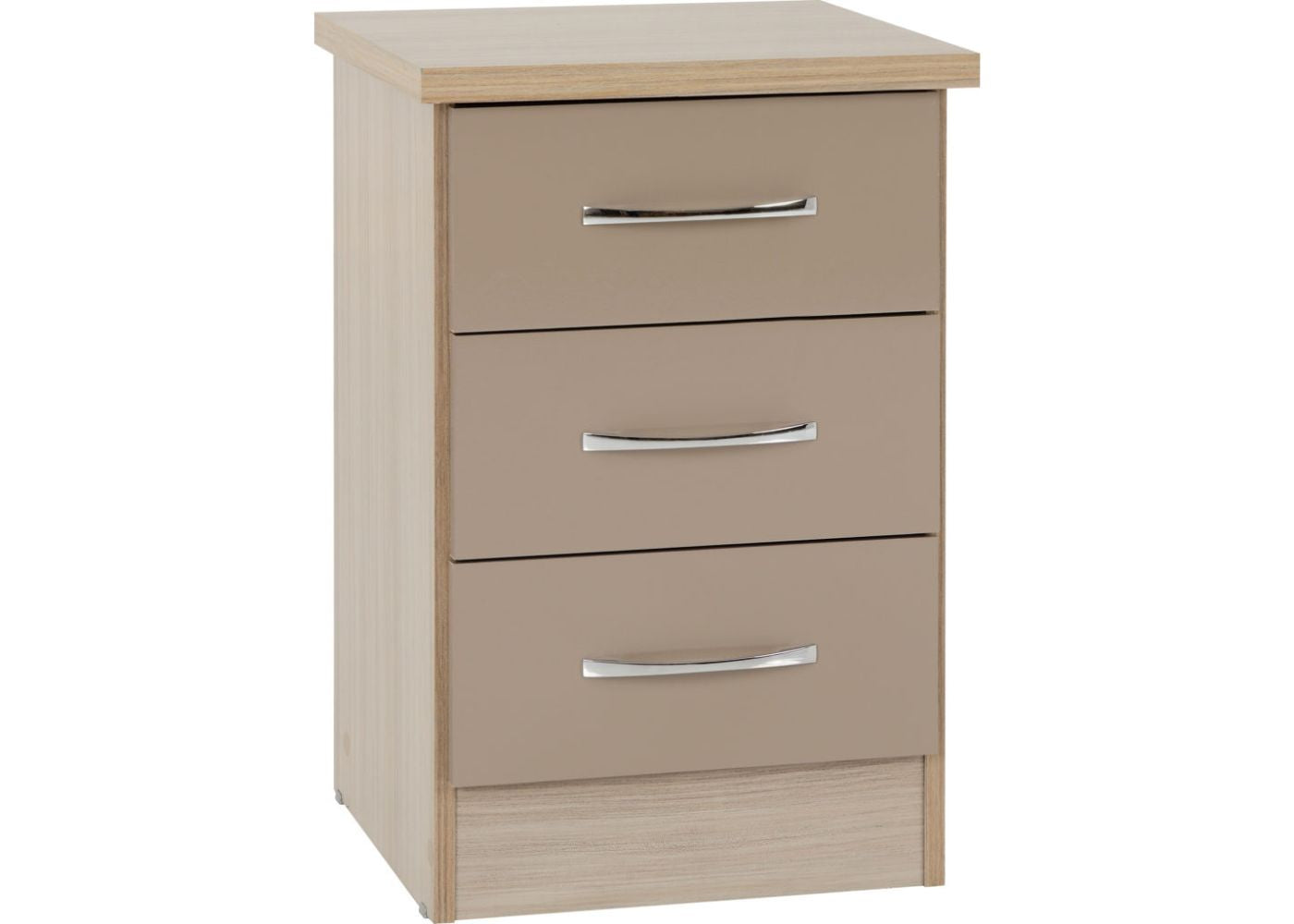 Nevada Oyster Gloss and Light Oak Effect 3-Drawer Bedside by Wholesale Beds & Furniture