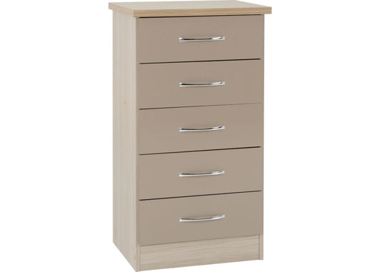 Nevada Oyster Gloss and Light Oak Effect 5-Drawer Narrow Chest by Wholesale Beds & Furniture