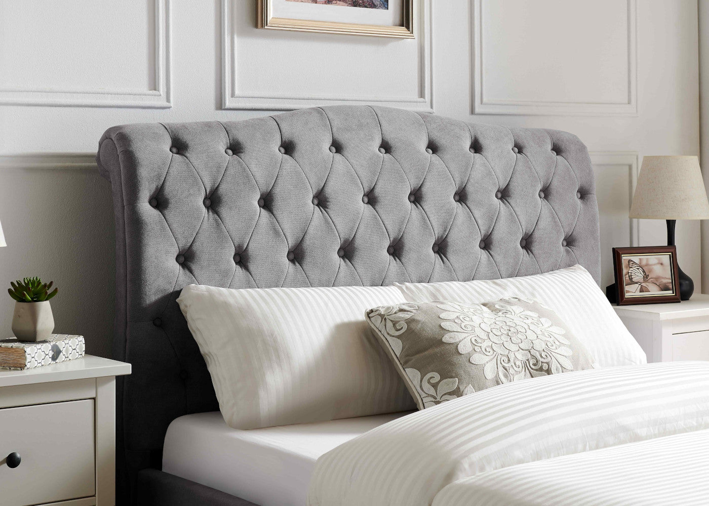Rosa Light Grey Bedframe Range by Limelight Headboard