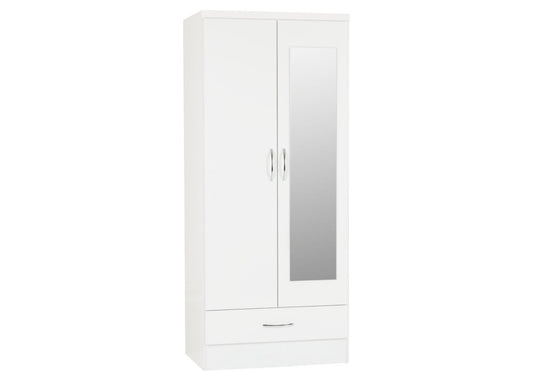 Nevada White Gloss 2-Door 1-Drawer Mirrored Wardrobe by Wholesale Beds & Furniture